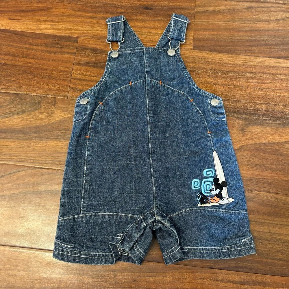 Disney Store Vintage Mickey Mouse Denim Surfing Overall Shorts